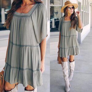 Vici BaeVely Chopra Crochet Tiered Boho Chic Dress in Olive size Small